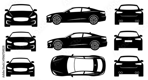 Black Silhouette Car Views: Front, Side, Rear, Top - Modern Vehicle Design