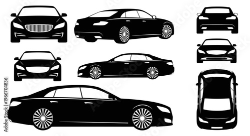 Black Luxury Sedan Car Silhouettes: Front, Side, Rear, Top Views