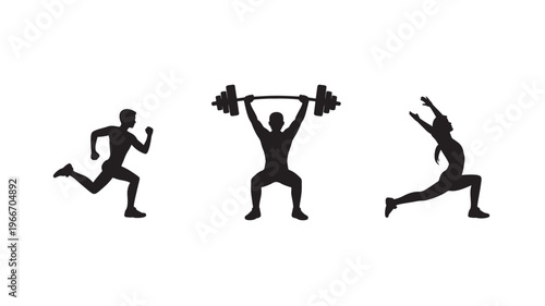 Fitness Silhouette Icons Set People Exercising Running Dumbbells Workout Vector Transparent Background