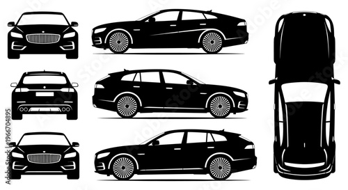 Black Luxury Station Wagon Car Views: Front, Side, Top Silhouettes