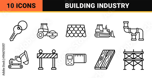 Construction and Architecture Engineering Line Art. Minimalist monoline geometric outline symbols for industrial building development and renovation.