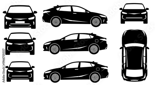 Black Sedan Car Multiple Views: Front, Side, Top; Vector Silhouette Illustration