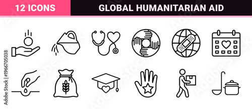 Charity and Humanitarian Aid Minimalist Monoline Icon Set Featuring Geometric Line Art for Non-Profit and Volunteering Commercial Use.