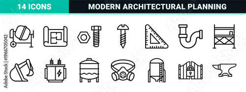 Construction and Engineering Architecture Line Art; Minimalist Geometric Outline Symbols for Professional Industrial Building Projects.