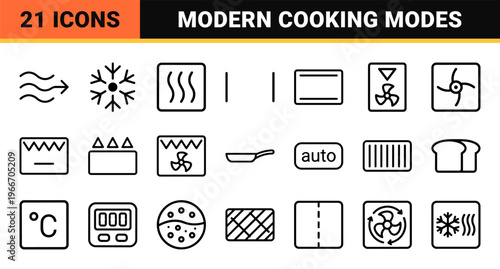 Smart Kitchen Appliance Interface Icons Featuring Minimalist Geometric Line Art for Oven Cooking Modes and Home Automation Control.