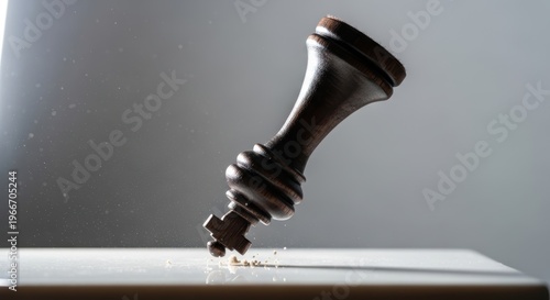 Dramatic close-up of a dark chess king piece toppling over on a white surface, symbolizing defeat, failure, business crisis, or the end of a strategic game. Studio shot with strong lighting.