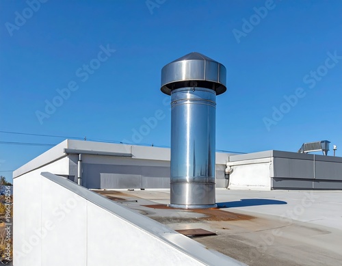 A shiny metal chimney pipe on a flat roof against a clear blue sky