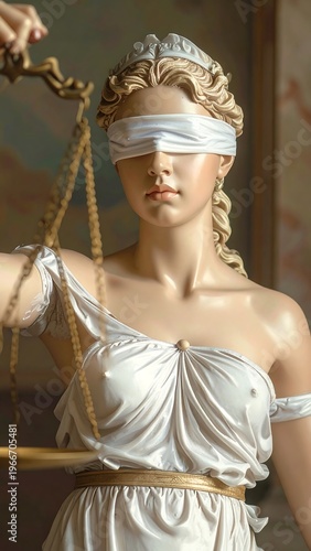 A statue of a blindfolded woman holding scales