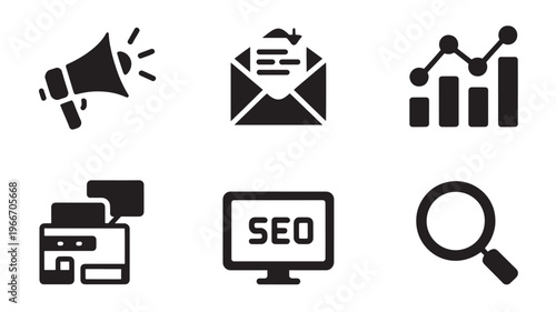 SEO Icons Set Megaphone Email Graph Monitor Magnifying Glass Digital Marketing Vector Icons Transparent Background