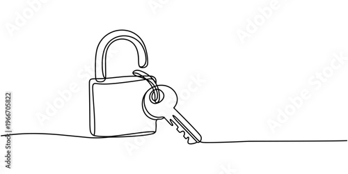 Key padlock continuous line drawing. One line art of time of protection, security, lock, love, related, key, open, solution, couple, symbolism.