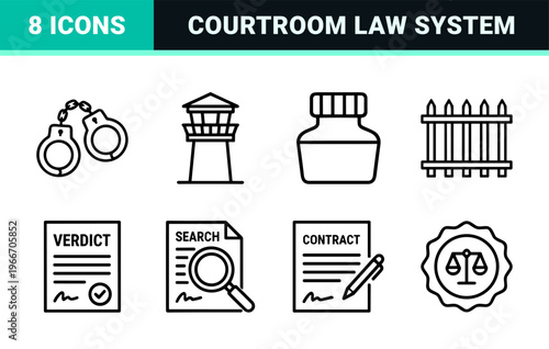 Judicial Law and Justice System Minimalist Monoline Graphic Symbols for Legal Services Courtroom Governance and Public Safety Design