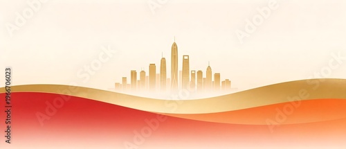 City skyline with colorful wave design