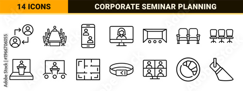 Corporate Convention and Business Seminar Outline Icons featuring Minimalist Monoline Geometric Line Art for Event Management Planning