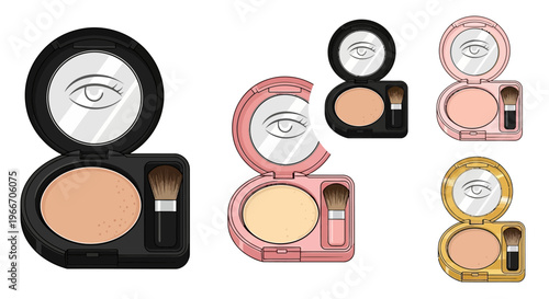 Collection of compact makeup powder cases in various colors with mirrors and brushes.