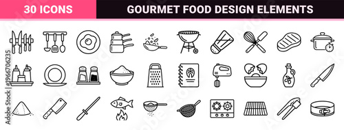 Culinary Arts and Kitchen Equipment Outline Symbols, Minimalist Geometric Line Art for Professional Gastronomy and Home Cooking Design.