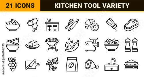 Culinary Arts and Kitchen Equipment Minimalist Monoline Line Art Set for Professional Gastronomy and Home Cooking Interface Design.