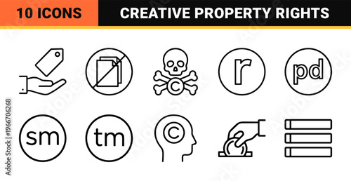 Intellectual Property and Copyright Law Minimalist Line Art. Professional monoline icons for legal protection, patenting, and creative ownership.