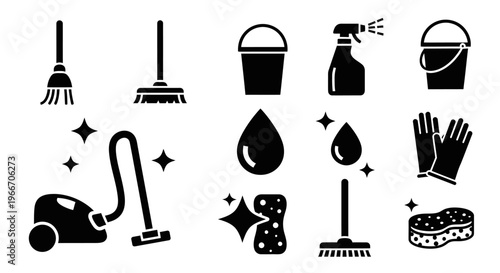 Cleaning Service Silhouette Icon Set Housekeeping Equipment Vector Isolated on White