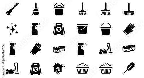 Cleaning Service Silhouette Icon Set Housekeeping Equipment Vector Isolated on White