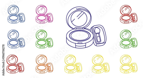 Collection of colorful line art illustrations depicting compact powder cases with mirrors and brushes.
