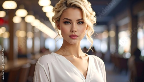A woman in a white top standing in a restaurant