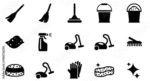 Cleaning Service Silhouette Icon Set Housekeeping Equipment Vector Isolated on White