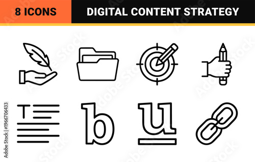 Copywriting and Creative Writing Minimalist Monoline Icon Set featuring Geometric Line Art for Authors, Bloggers, and Content Creators.
