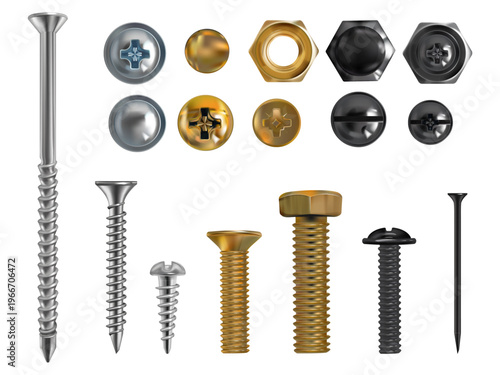 Screw and bolt metal vector collection - realistic gold, black and silver fasteners. Detailed screws with hexagon heads, rusty nails, rivets and nuts on white background for industrial design project
