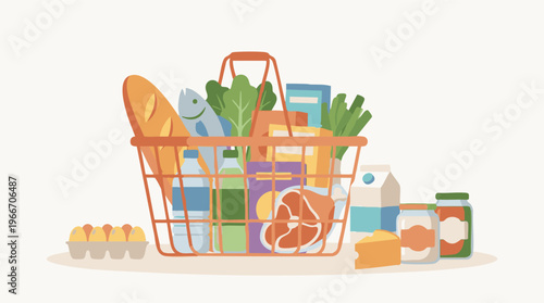 Grocery shopping basket filled with fresh produce and essential items
