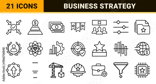 Corporate Strategy and Business Management Minimalist Monoline Icon Set for Professional Financial Growth and Executive Analytics Layout
