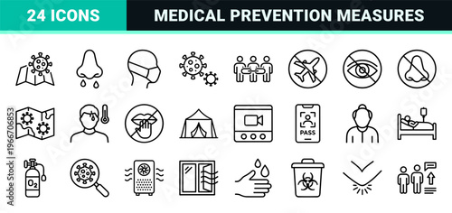 Minimalist Monoline Pandemic Prevention Symbols and Public Health Safety Icons for Medical Information Design and Healthcare Awareness.