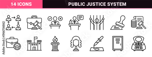 Legal and Forensic Justice System Line Art: Minimalist Geometric Outline Symbols for Corporate Law, Criminology, and Court Proceedings.