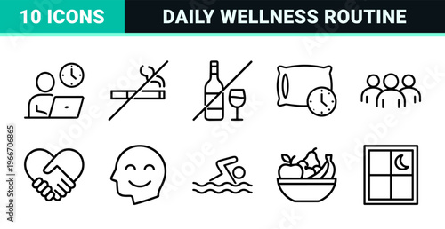 Self Care and Good Habits Minimalist Monoline Icon Set, Professional Geometric Line Art for Lifestyle and Personal Wellness Tracking