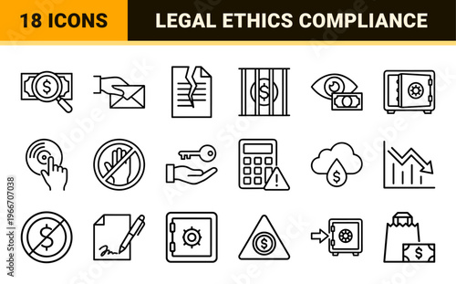 Anti-Corruption and Bribery Prevention Outline Icons. Minimalist Geometric Line Art for Financial Compliance and Legal Ethics Design.