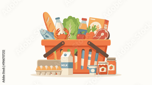 Grocery shopping basket filled with fresh food and essential daily items