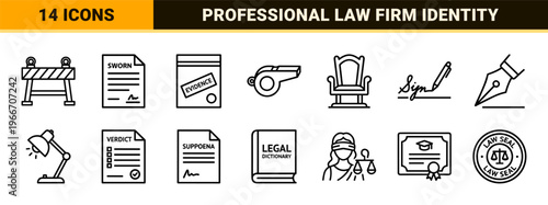 Law and Justice Minimalist Monoline Icon Set featuring Geometric Courtroom Symbols and Legal System Vector Outline Art for Professional Use.
