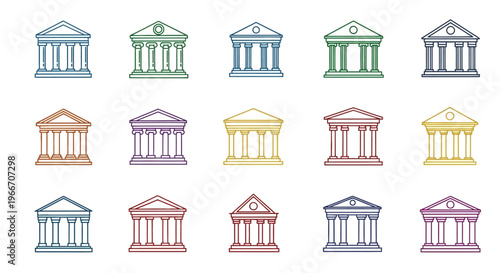 A collection of fifteen colorful vector icons depicting classical architectural buildings with columns and pediments.