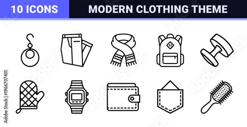 Minimalist Monoline Fashion and Apparel Icons Featuring Clean Geometric Line Art for E-commerce Interfaces and Commercial Retail Design.