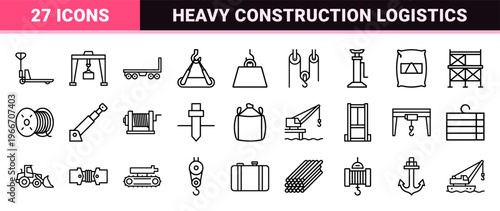 Heavy Lifting and Construction Logistics Minimalist Geometric Outline Symbols for Industrial Engineering and Cargo Handling Workflows