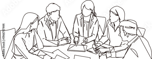 ビジネスシーンのミーティング会議のイメージ線画イラスト素材