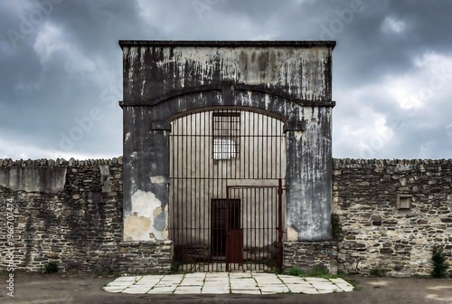 A dilapidated prison gate stands before a weathered stone wall under an overcast sky.