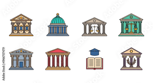A collection of vector icons depicting various classical architectural buildings, including government, court, and educational institutions, with symbols of justice and learning.
