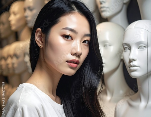 Young woman standing amidst multiple mannequin heads