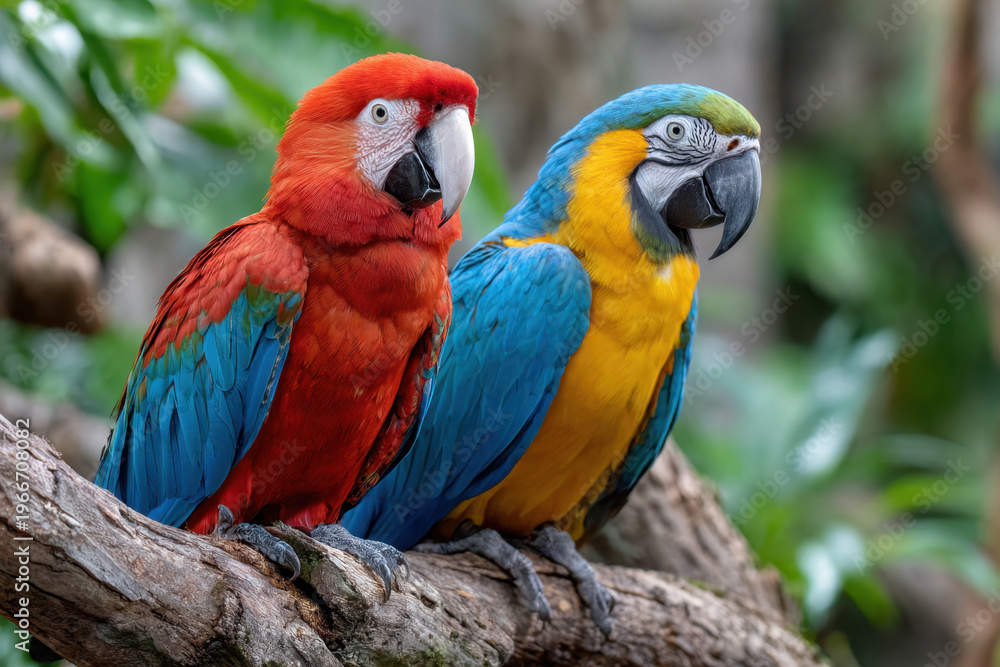 Fototapeta premium Two Colorful Macaws Perched on a Branch