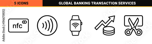 Financial Services and Payment Systems Outline Set featuring Credit Cards, POS Terminals, and Banking Symbols in Minimalist Geometric Line Art Style.