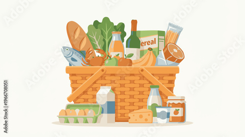 Full grocery basket with fresh food items on white background, flat illustration