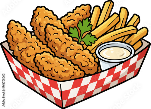 Crispy Fried Chicken Tenders with French Fries and Dipping Sauce in Red Checkered Paper Basket - Fast Food Cartoon Illustration