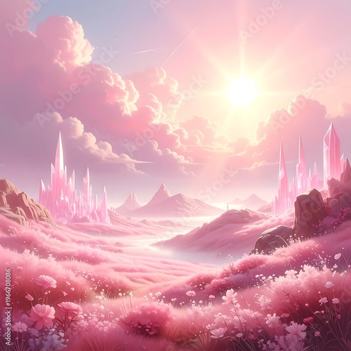 A pink-hued fantasy landscape with a bright sun, fluffy clouds, and crystal formations