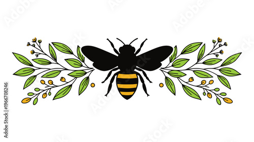 Illustration of a bumblebee centered between two symmetrical leafy branches with yellow floral buds