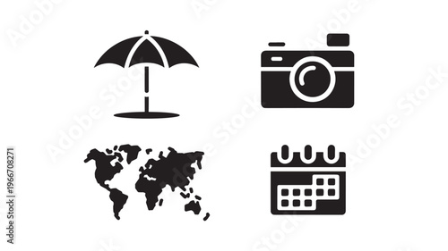 Travel Planning Icons Set with Camera Calendar Umbrella and World Map for Tourism and Vacation Concepts